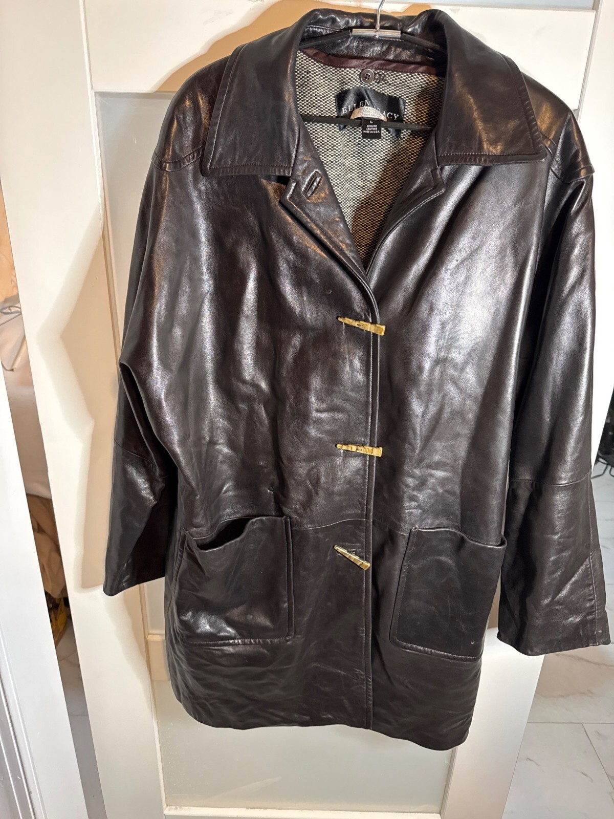 Ellen Tracy United Airlines Vintage Leather Coat L Black With Tweed Lining 53-10