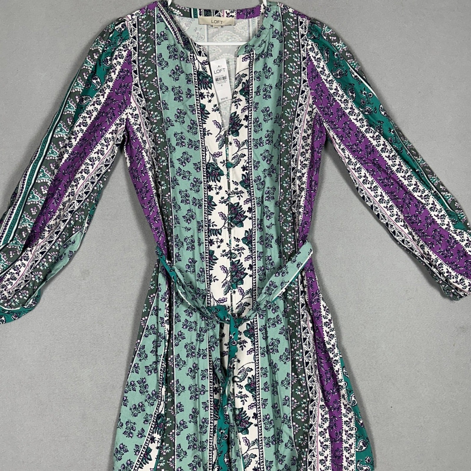 NEW LOFT Dress Women 6 Mini Purple Green Floral Border Print Button Front V Neck