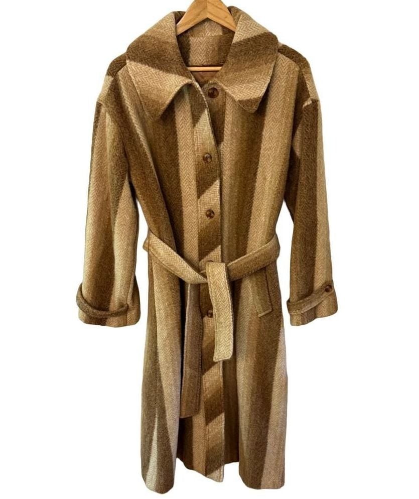 1960’s Betty Rose True Vintage Wool Coat Herringbone Striped Brown Beige Trench