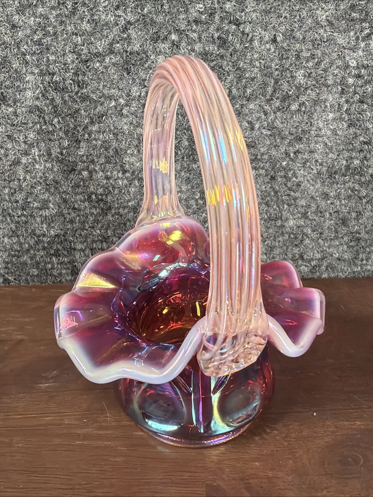Vintage Fenton Opalescent Pink Iridescent Mini Glass Basket Crimped Rim (RARE)