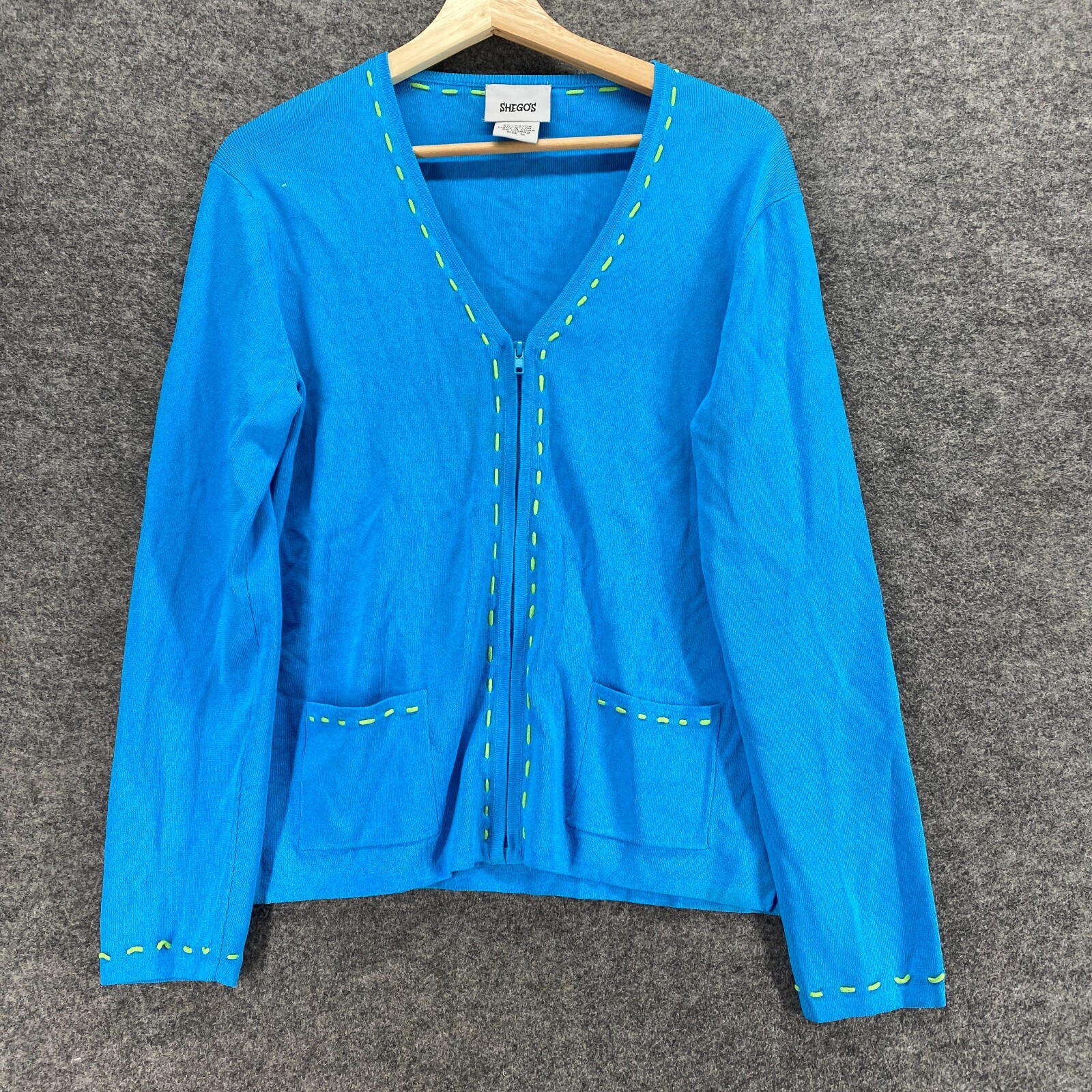 Shego\'s Cardigan Women M  Blue Full Zip V-Neck Long Sleeve Pockets Rayon