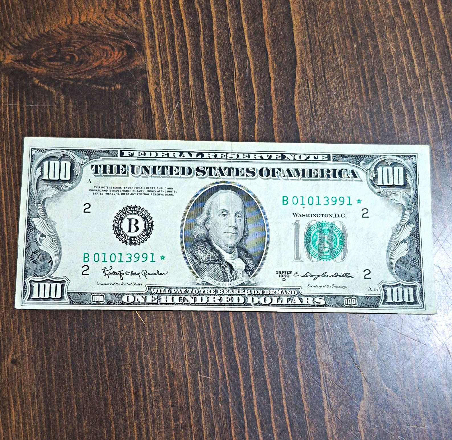 1950 D $100 Federal Reserve Note Star Note Serial B01013991* uncertified