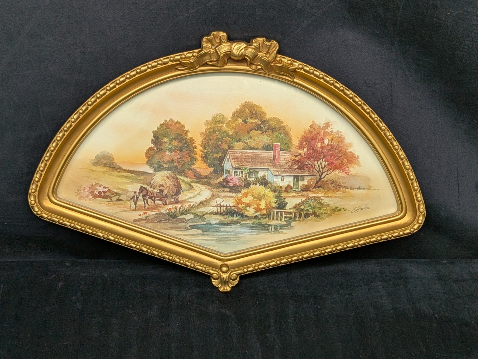 Vtg 80’s Homco Autumn Harvest Farmhouse Gold Fan Shape Frame Bow Cottage Vibrant Vtg 80’s Homco Autumn Harvest Farmhouse Gold Fan Shape Frame Bow Cottage Vibrant
