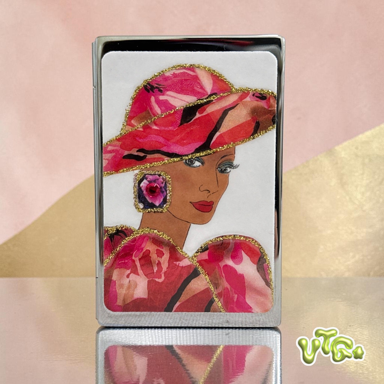 RARE VTG 80s/90s Glam Lady Lipstick Case Compact Mirror Red Gold Rhinestone