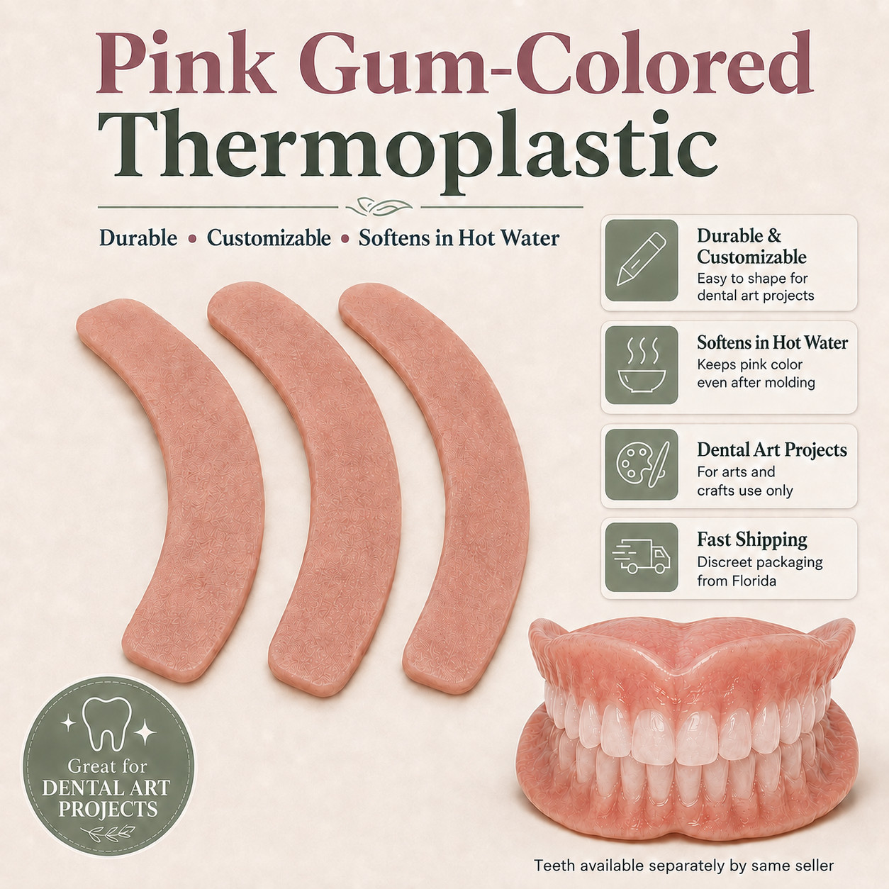Pink Gum-Colored Thermoplastic 30g Moldable Dental Art Craft Material 3 Pieces