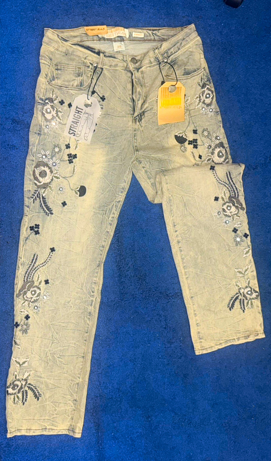 Street Jeans Men\'s Straight Leg Light Wash Floral Embroidered Beaded 38x32