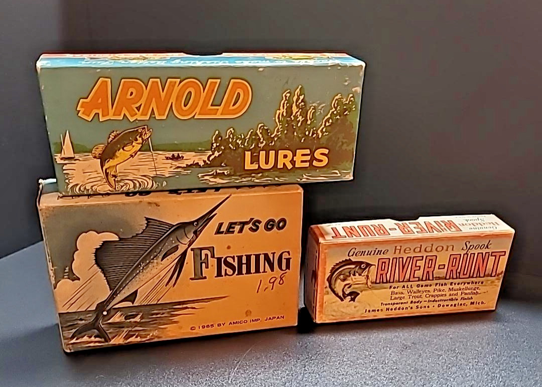Lot of 3 Vintage Fishing Boxes Heddon River Runt Arnold Lures 1965 AMICO Empty