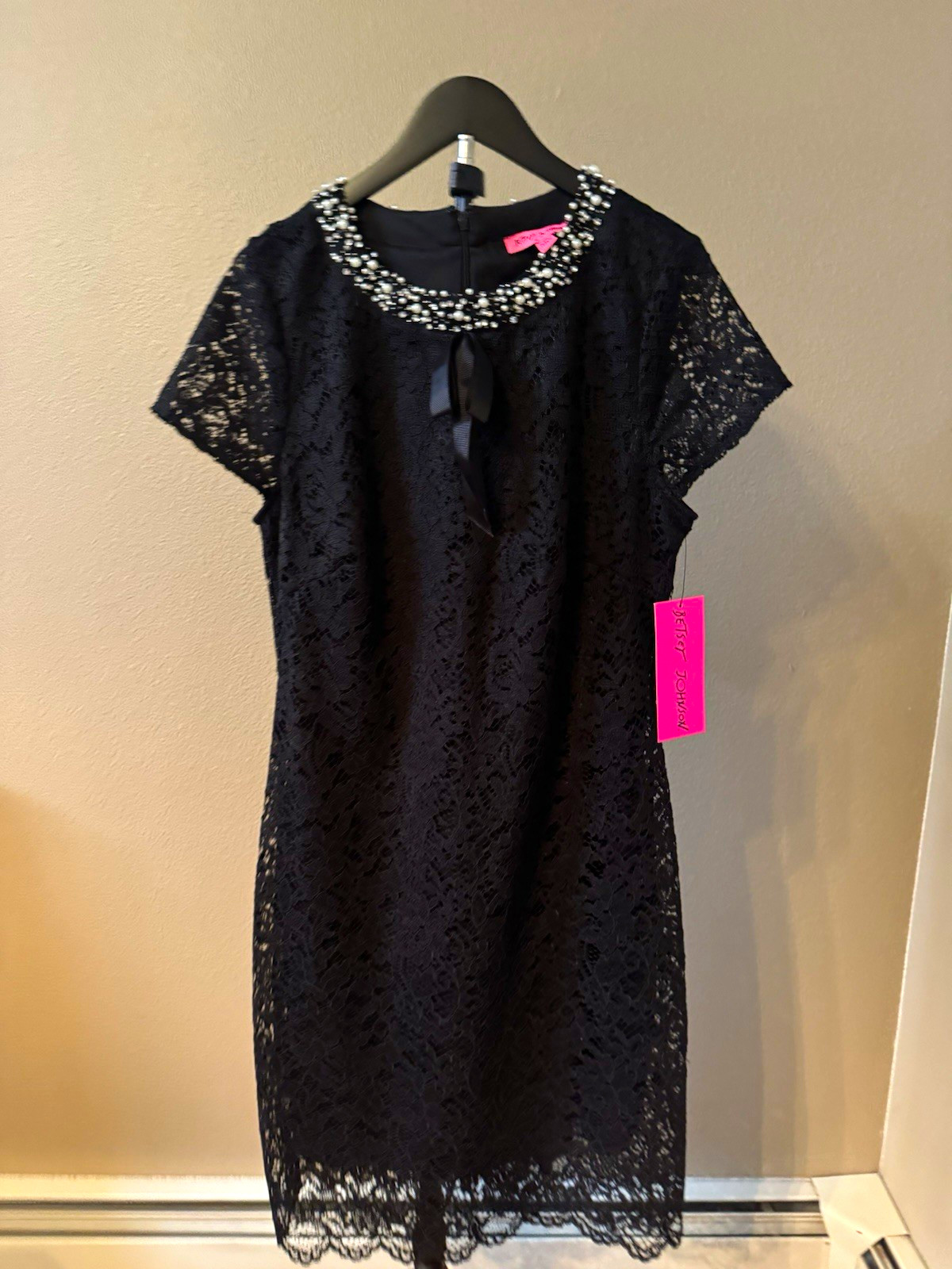 NWT Betsey Johnson Black Lace Pencil Dress Beaded Bow Short Sleeve Size 14