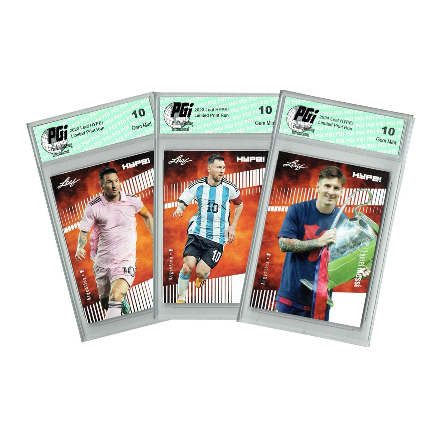 3) Lionel Messi 2020-23 Leaf Hype Argentina Barcelona Inter Miami Card PGI 10