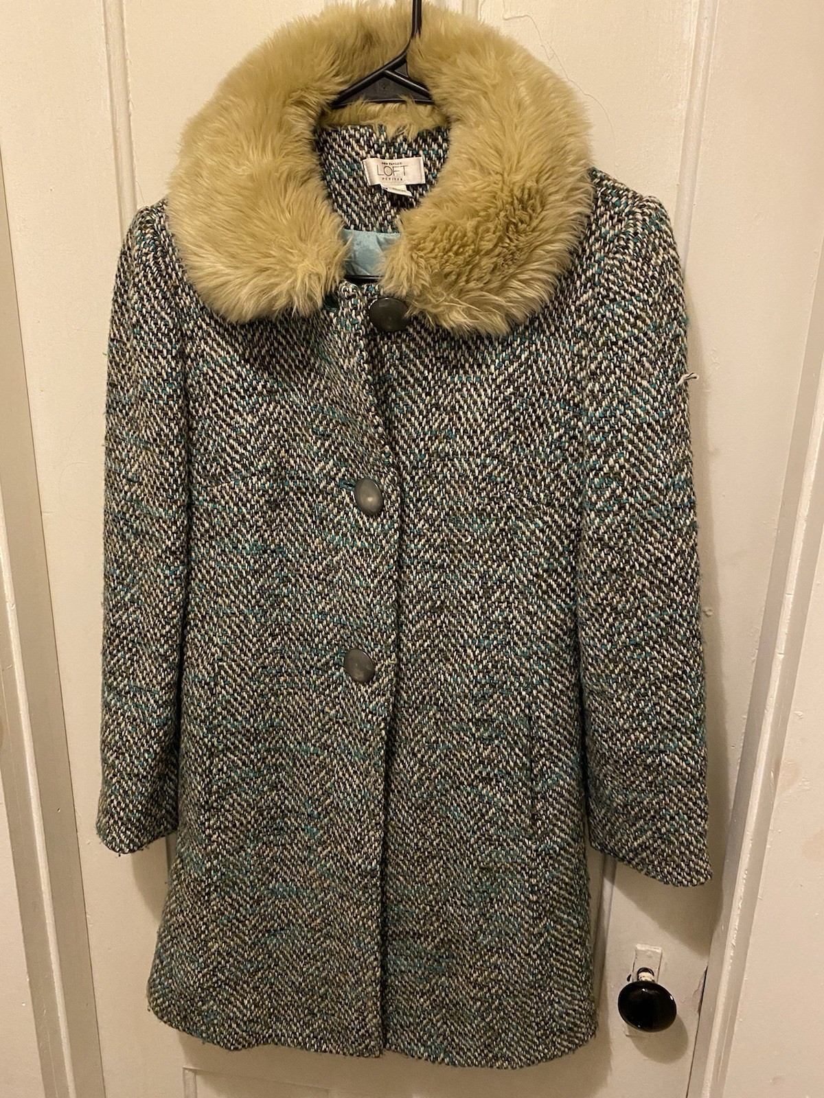 LOFT Bohemian Vintage Tweed Coat with Faux Fur Collar Size 2 Petite
