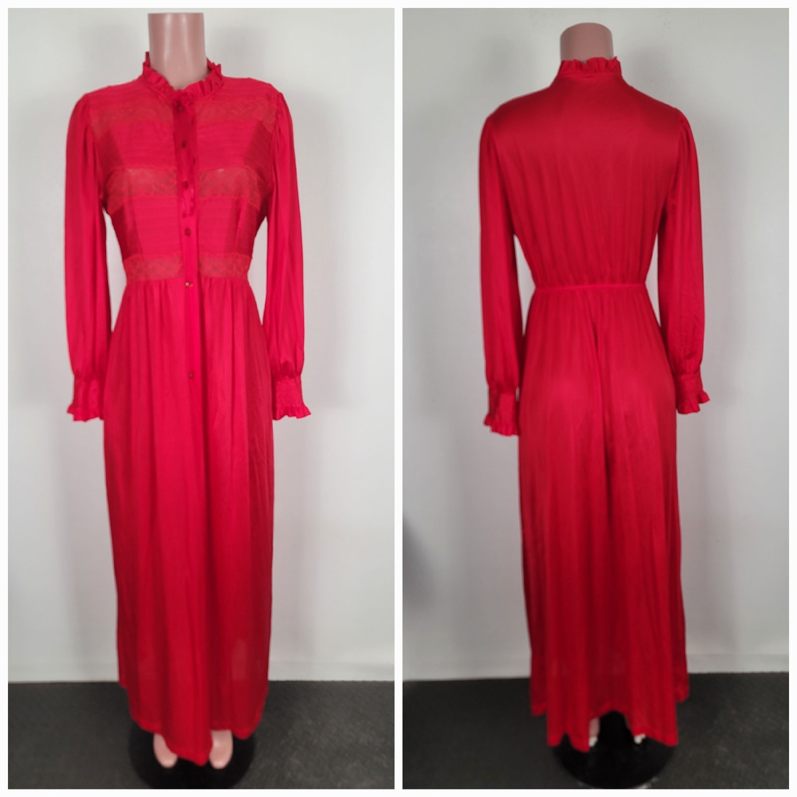 Vintage 70s Gilead Red Satin Lace Nylon Robe Pocket Women\'s Size Medium