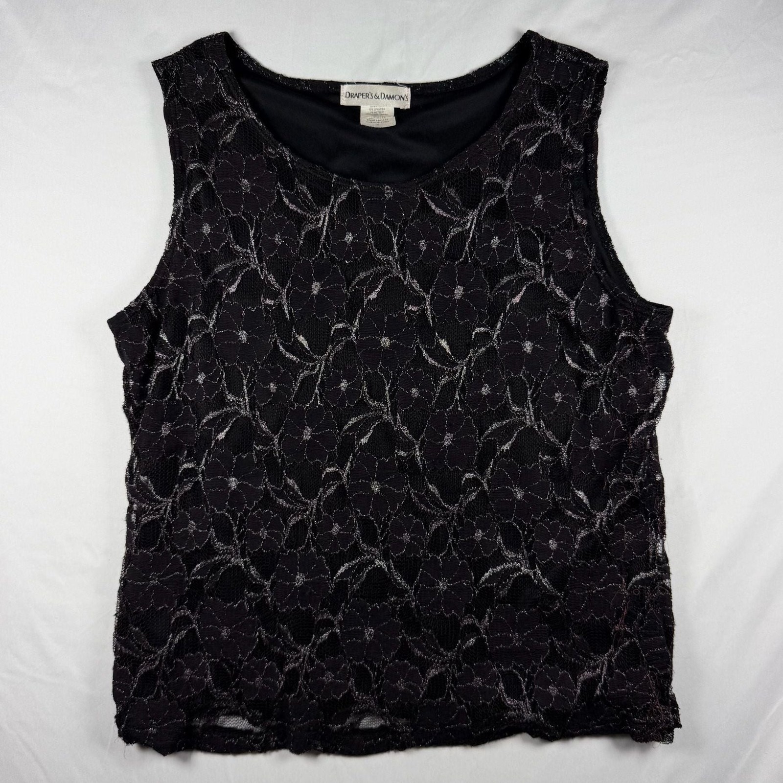 Vintage Draper’s & Damon’s Black Metallic Floral Lace Tank Top Made USA S