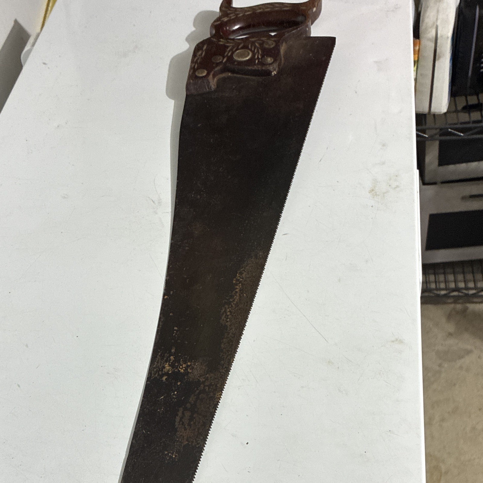 Vintage Original Hand Saw Tool with Carved Wooden Handle, Classic Design
