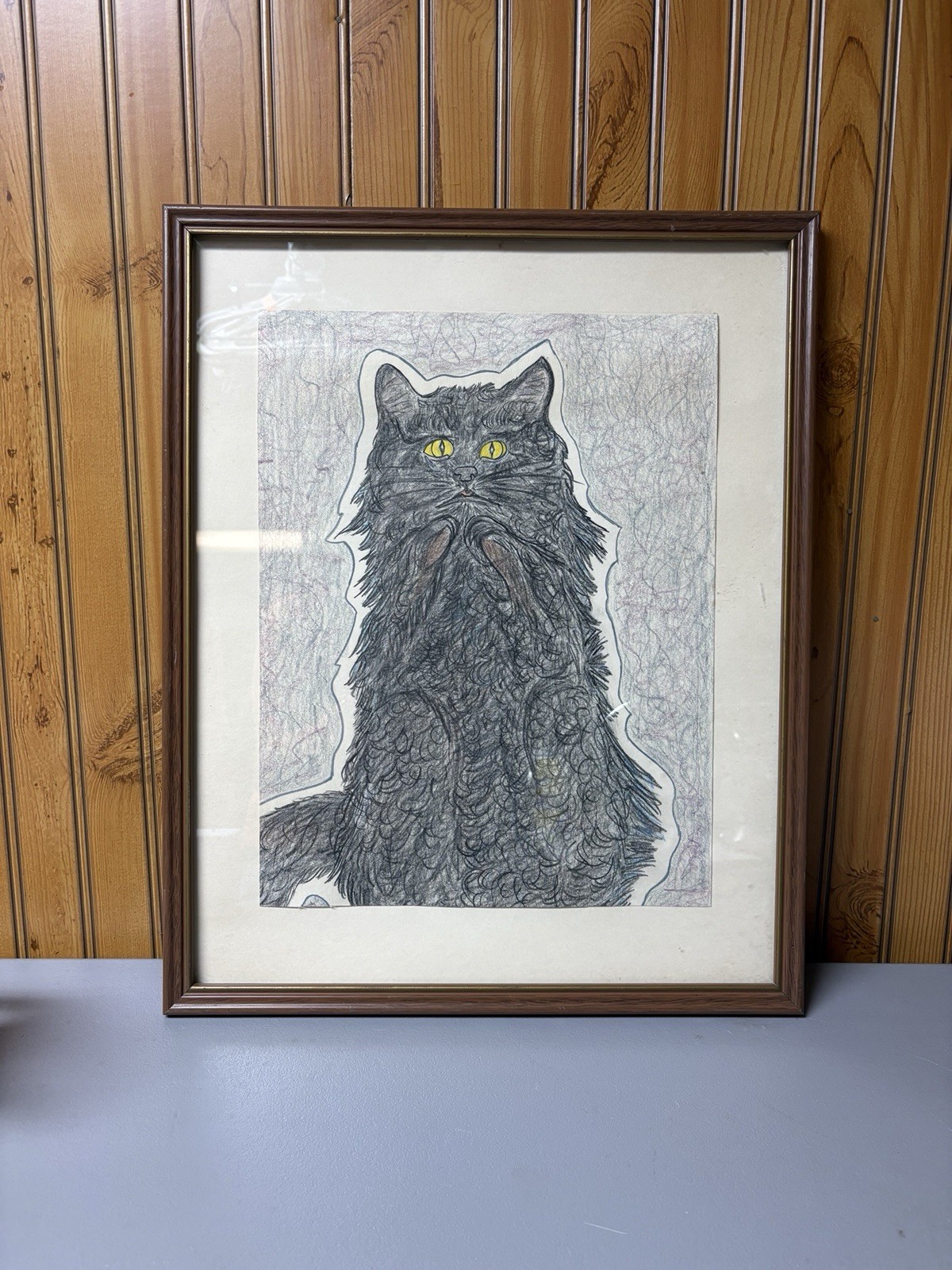 Original Black Cat Folk Art Drawing Framed 18 × 22 Yellow Eyes Outsider Art