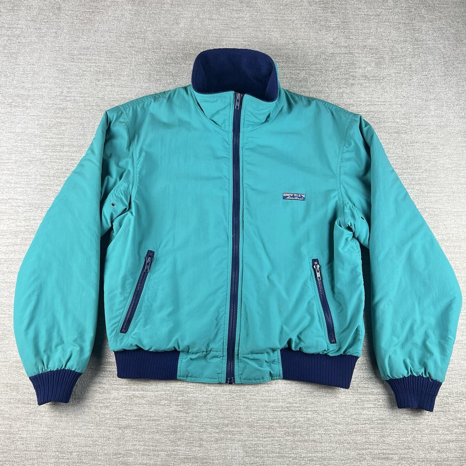 Vintage Eddie Bauer Bomber Jacket Mens Med. Turquoise 90s Fleece Lined USA Made