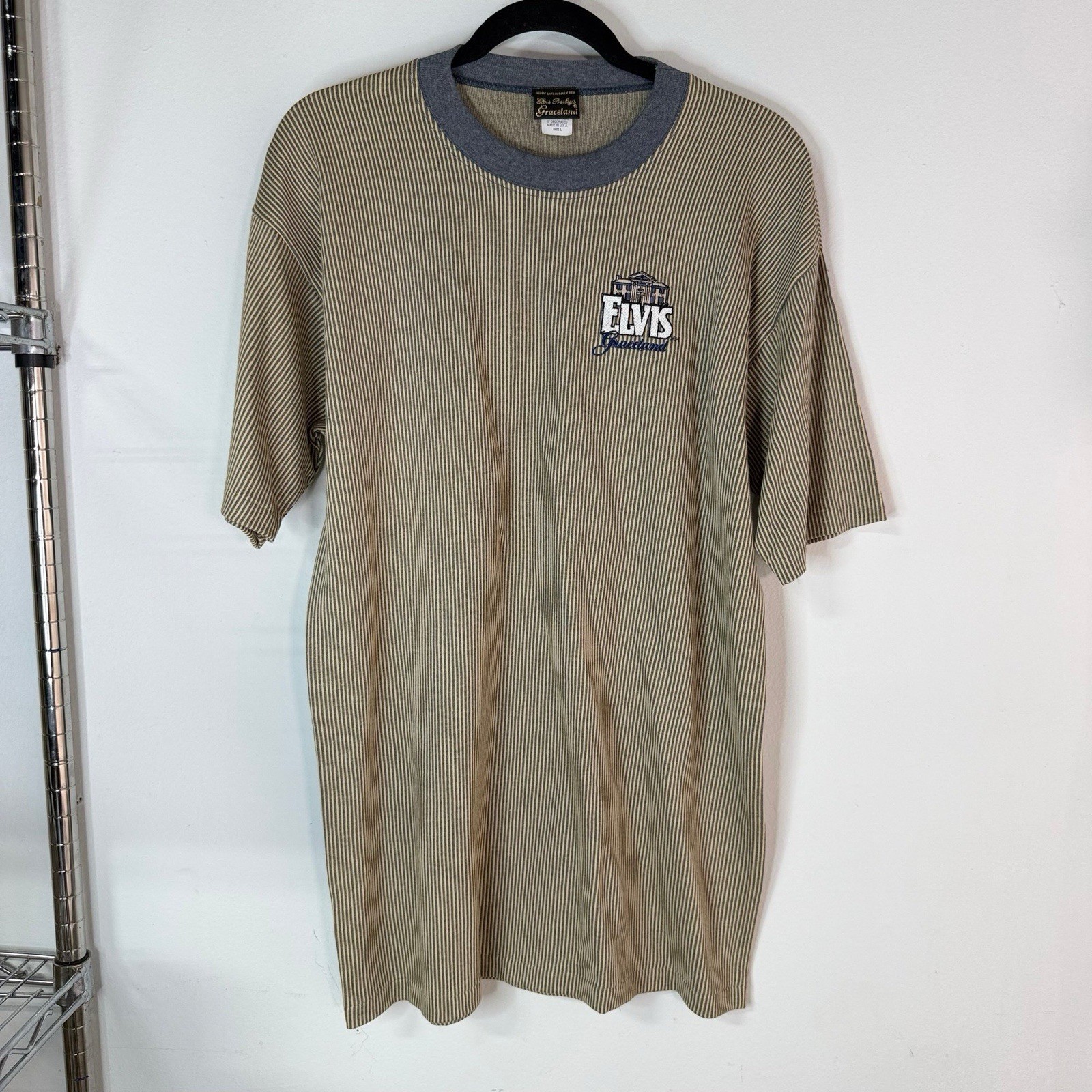 Vintage 90s Elvis Presley Graceland Striped T Shirt USA Made Size L Embroidered