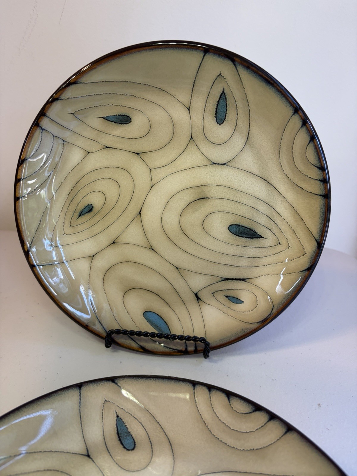 Pier 1 Imports Set of 2 Teal Reactive Stoneware Salad Plates 8.5” Peacock EUC
