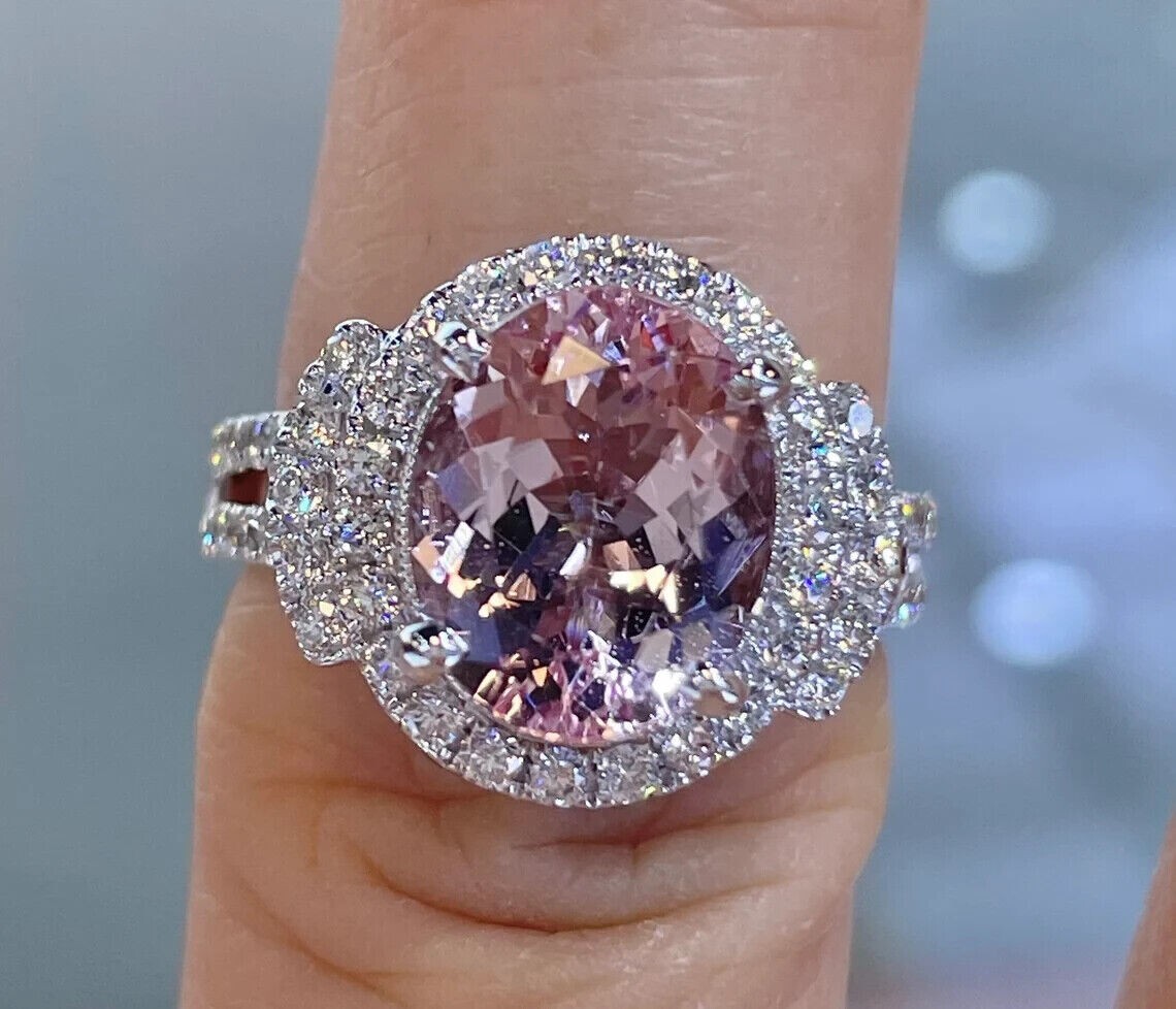 3.20Ct Oval Cut Lab Created Morganite Halo Engagement Ring 14K White Gold Plated
