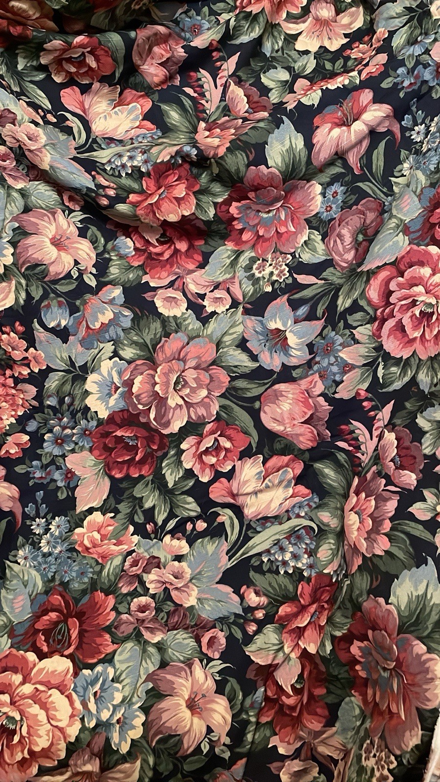 Vintage 90s Floral Deep Green PInk Decor Fabric Heavyweight BTY Cotton #14