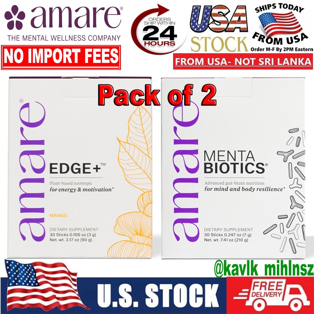 AMARE Happy Juice Pack, EDGE+ Mango + MentaBiotics, 30 Sticks Each - New/Sealed