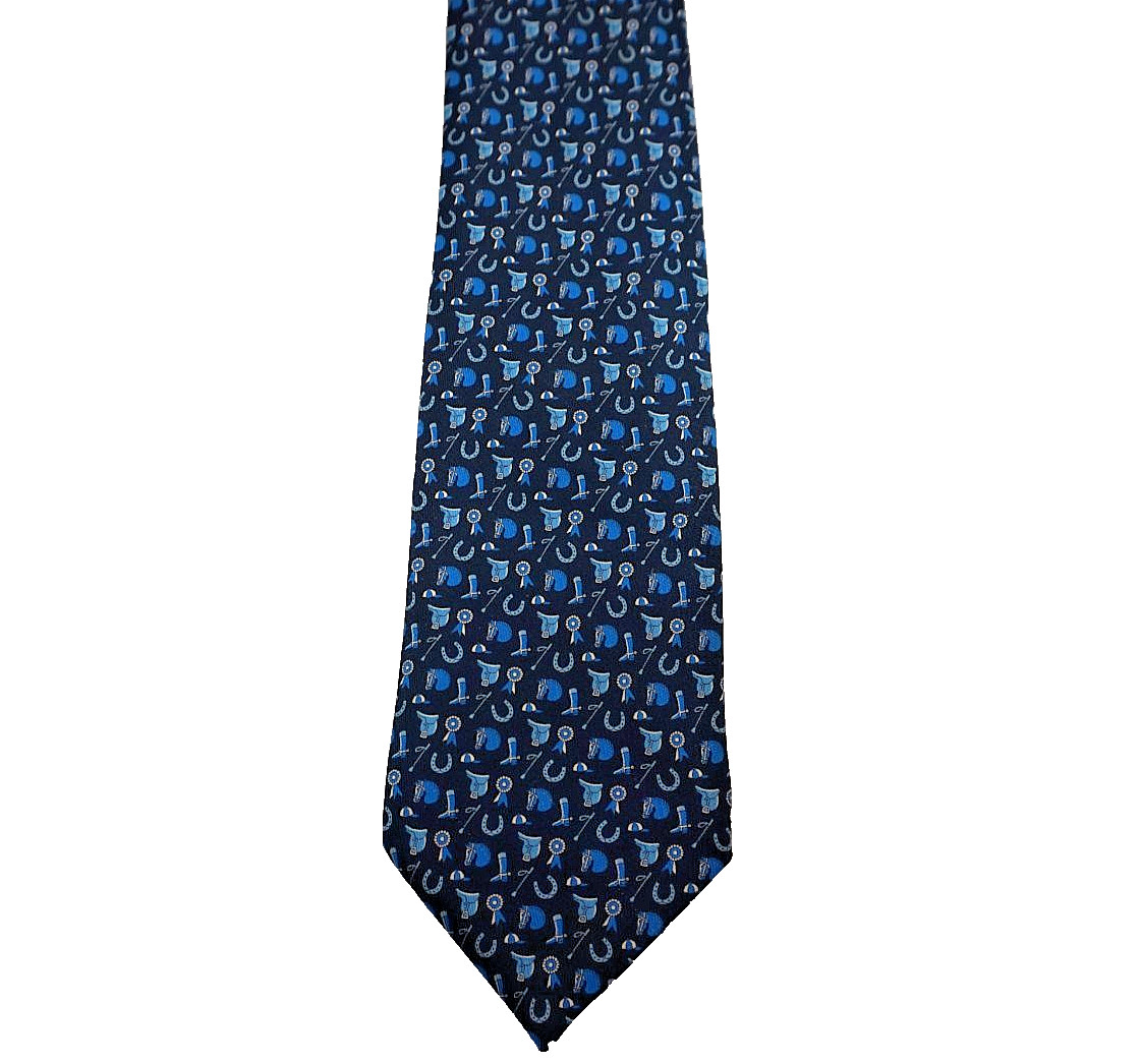 Hermès Paris Tie,  Dark and Royal Blue Horse Racing Theme, 100% Silk