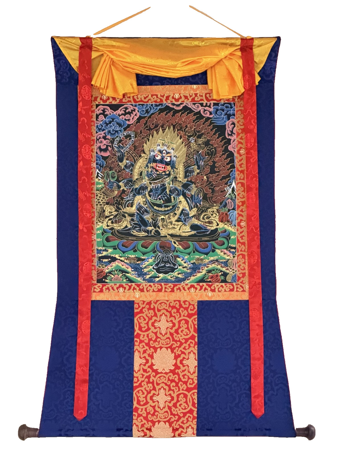 SIX ARMED MAHAKALA HAND PAINTED TIBETAN THANGKA SILK BROCADE PROTECTOR ART