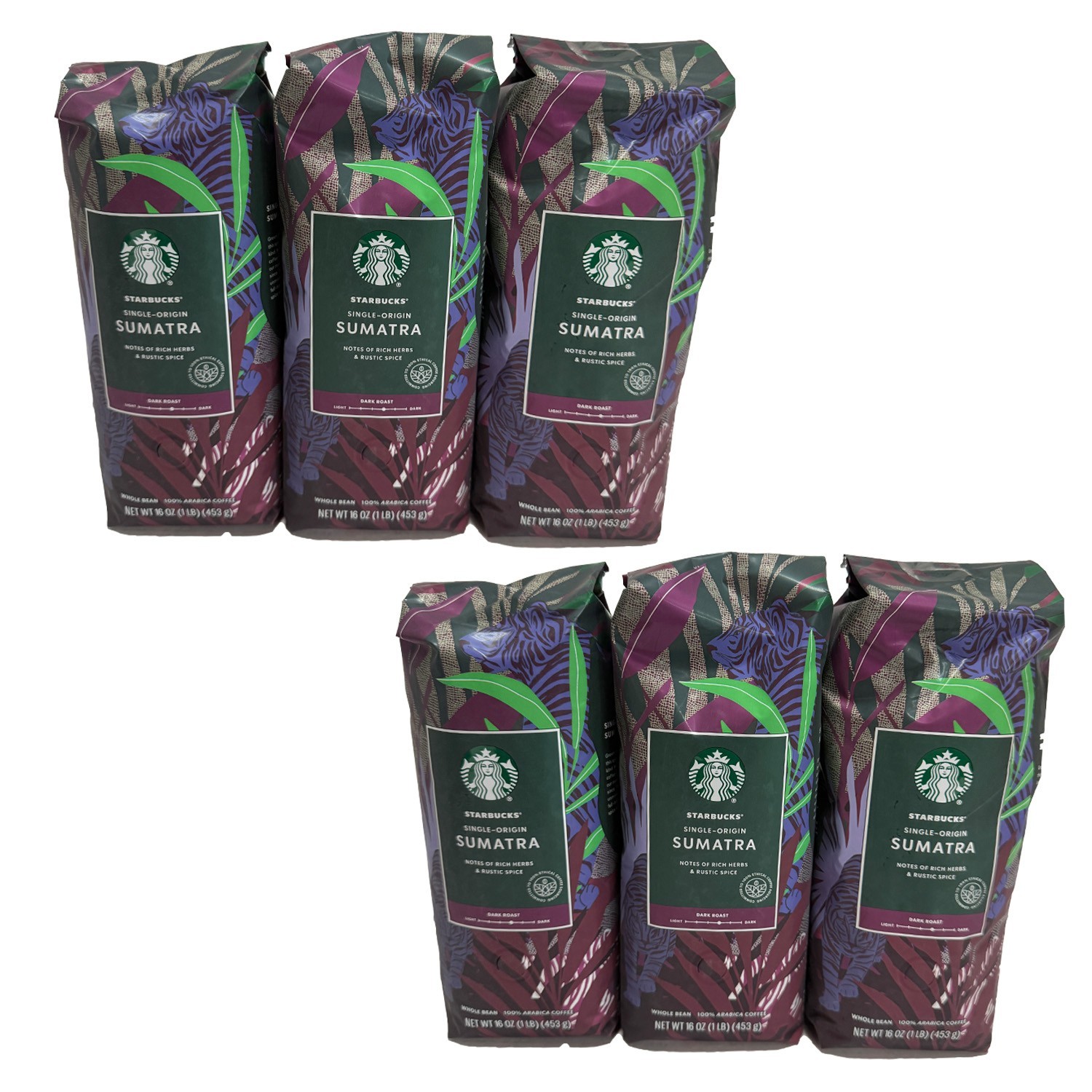 Lot of 6 Starbucks Sumatra Dark Roast Whole Bean Coffee 16 oz Bags, BB SEPT 2026
