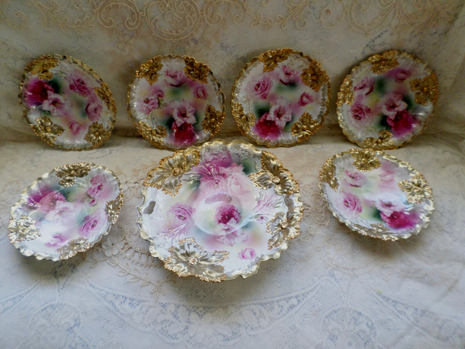 SUPERB Antique RS Prussia Deep Pink Peonies & Gold Accented Porcelain Cake Set