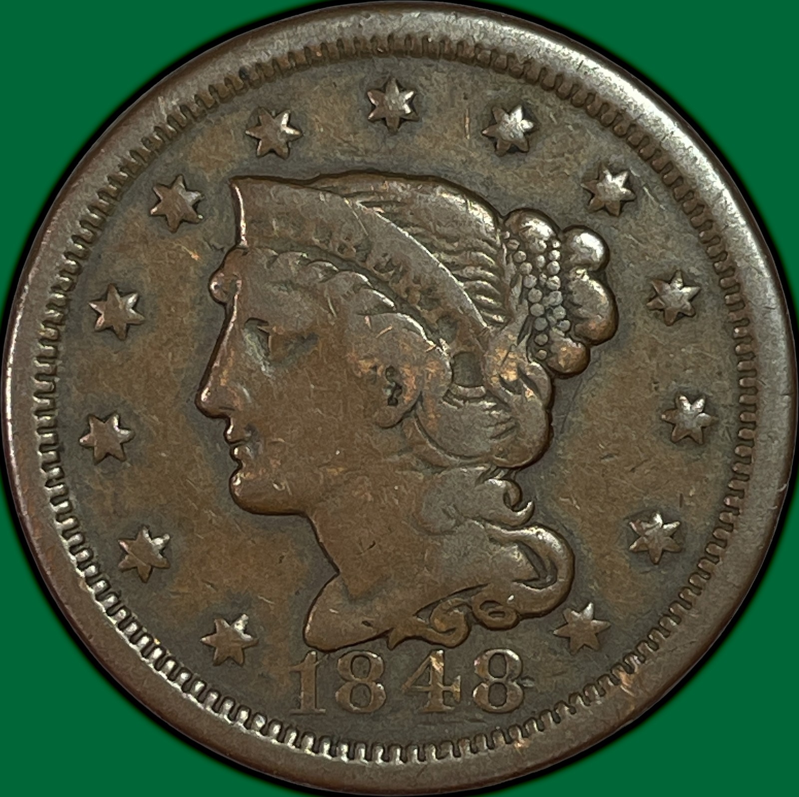 1848 Braided Hair Large Cent Very Fine VF Coin #46509