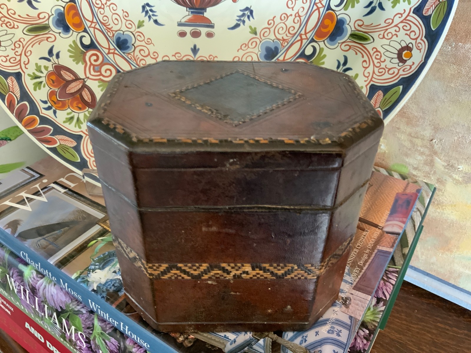 English Victorian Unusual Leather Box Inlaid Caddy Circa 1880