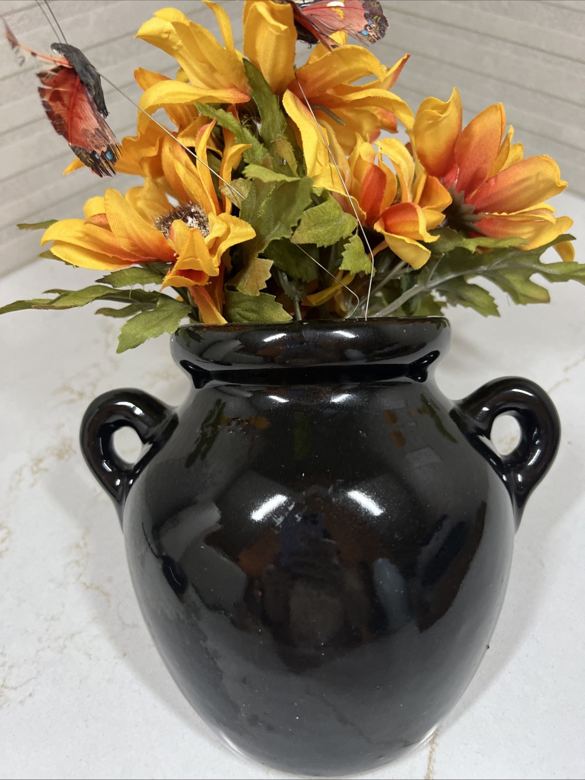 Vintage Studio Art Pottery Black Glazed Wall Pocket Vase 7” T