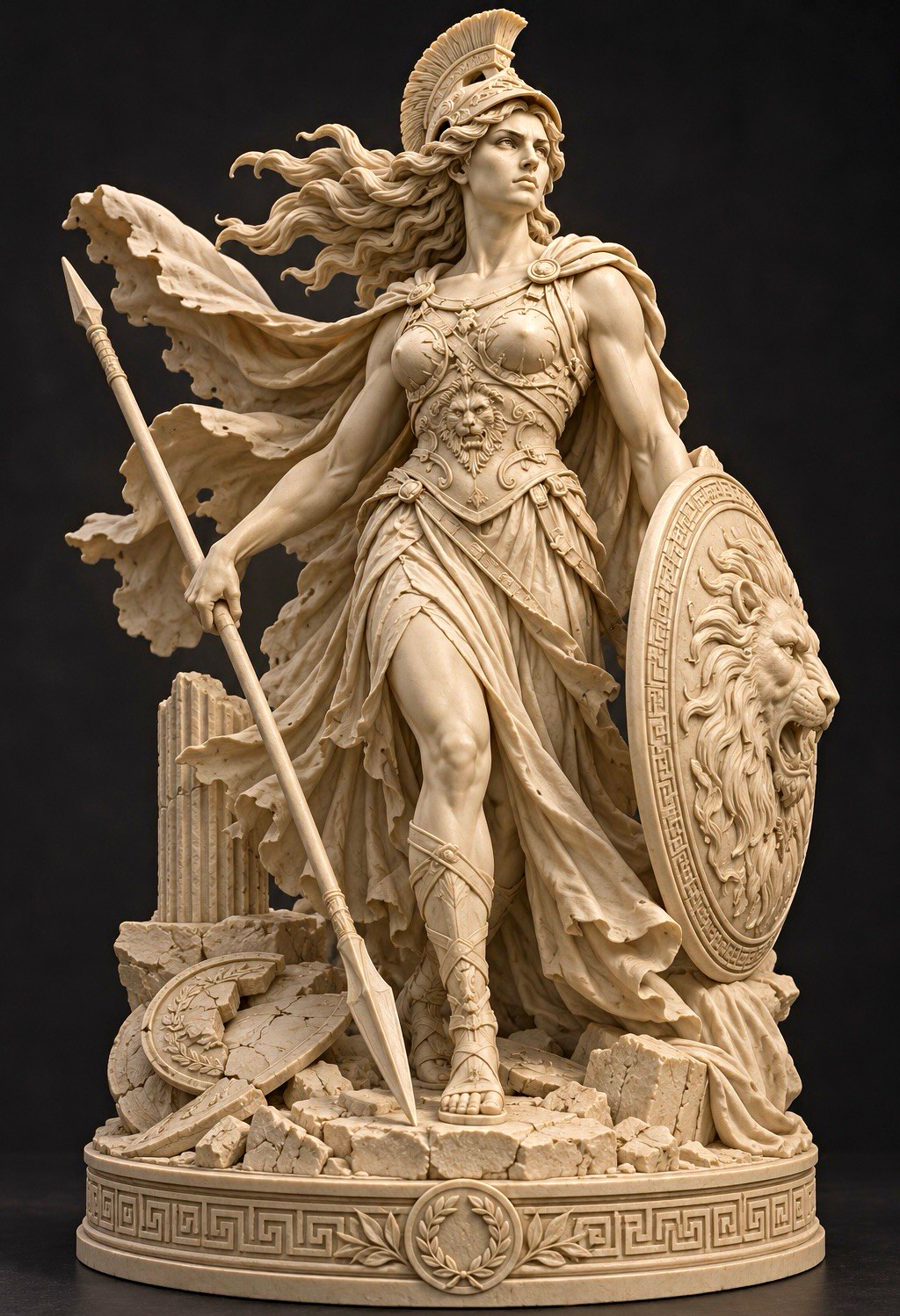 Enyo Greek Goddess of War Statue Resin Warrior  with Lion Shield and Spear 8 in
