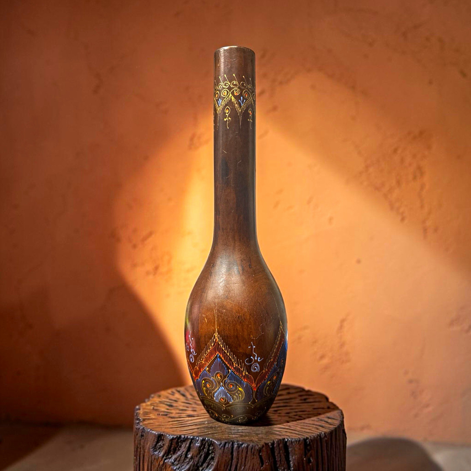 Vintage Thai Hand Painted Wood Vase 13” Folk Art Brown Blue Orange Boho Decor Vintage Thai Hand Painted Wood Vase 13” Folk Art Brown Blue Orange Boho Decor
