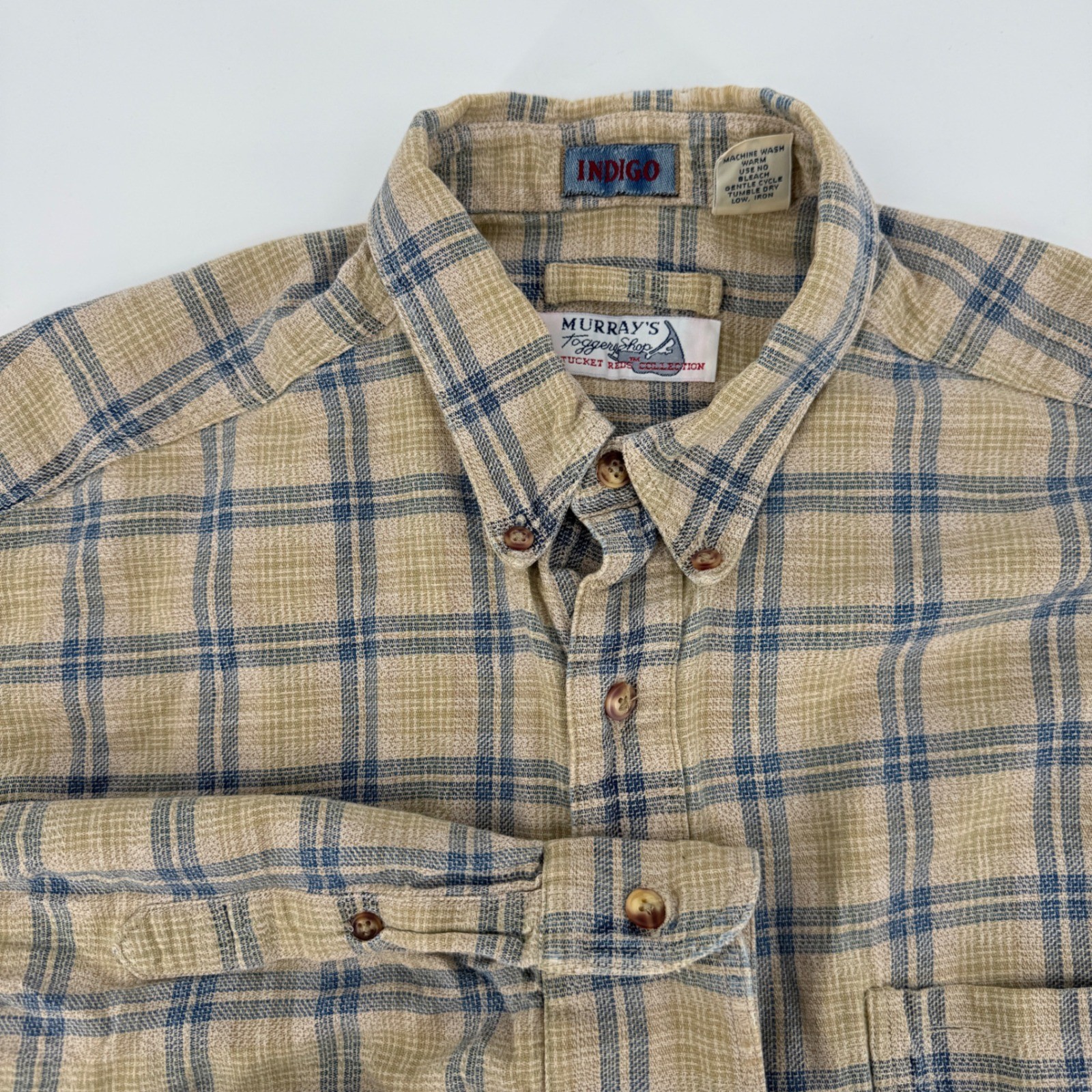 Murray\'s Toggery Shop Indigo Plaid Button Down Shirt Mens Medium Tan Blue READ