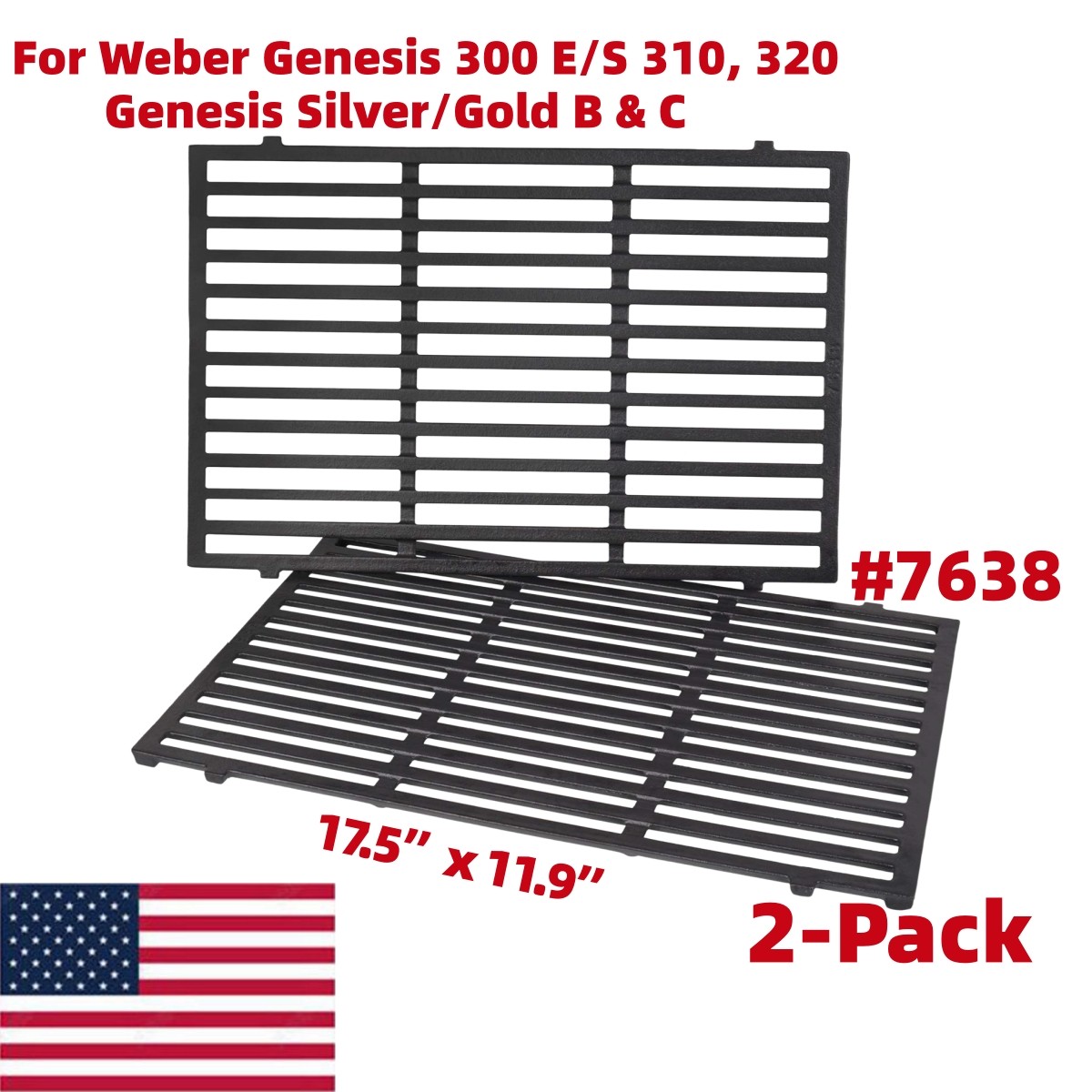 2-Pack 7638 Cast Iron Grill Grates 17.5x11.9