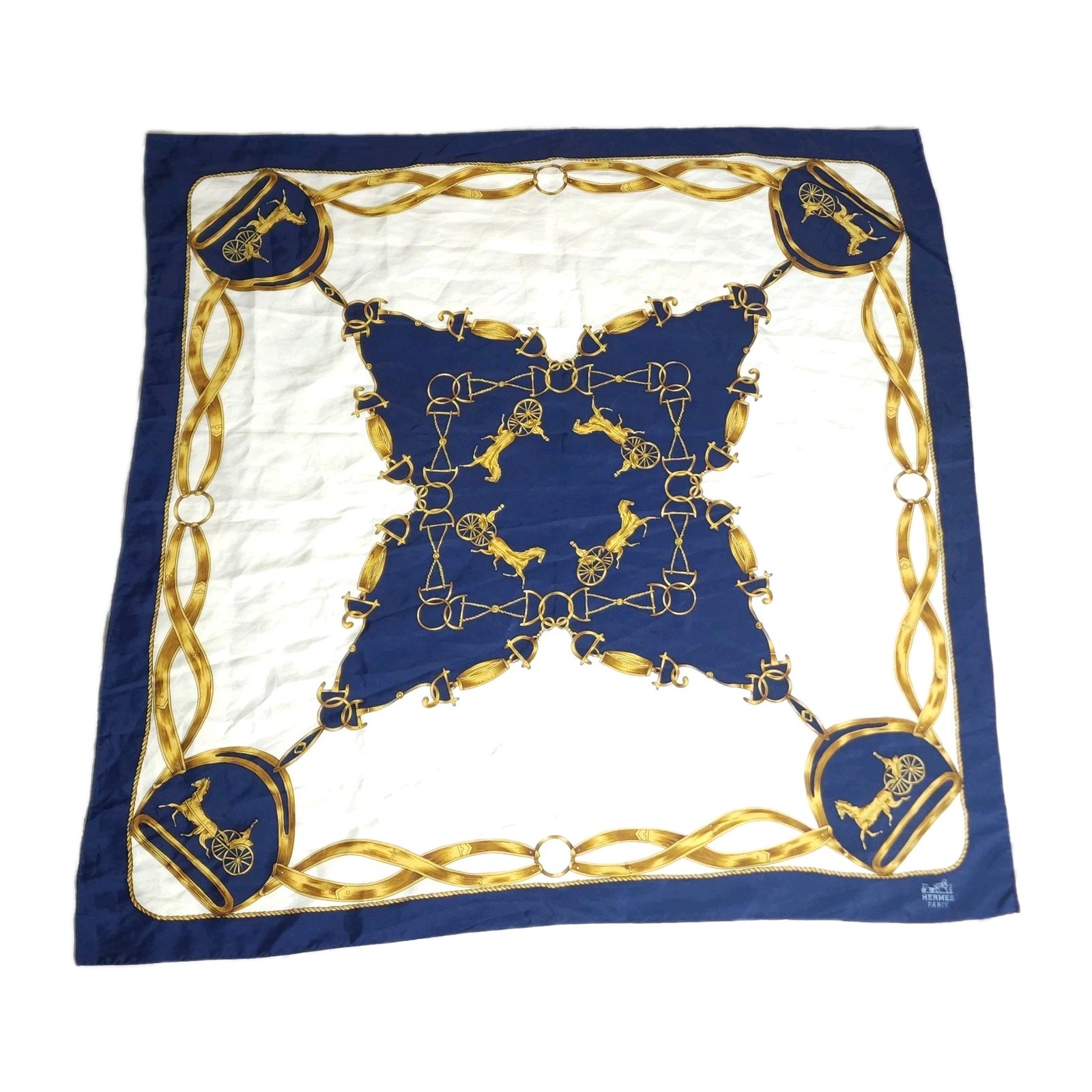 Hermes Women\'s SILK Blue Gold Equestrian Horses Square Foulard Scarf