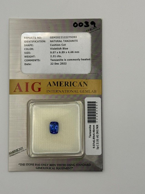 AIG Certified 2.31 Ct Natural Blue Tanzanite Cushion Cut Sealed Loose Gem