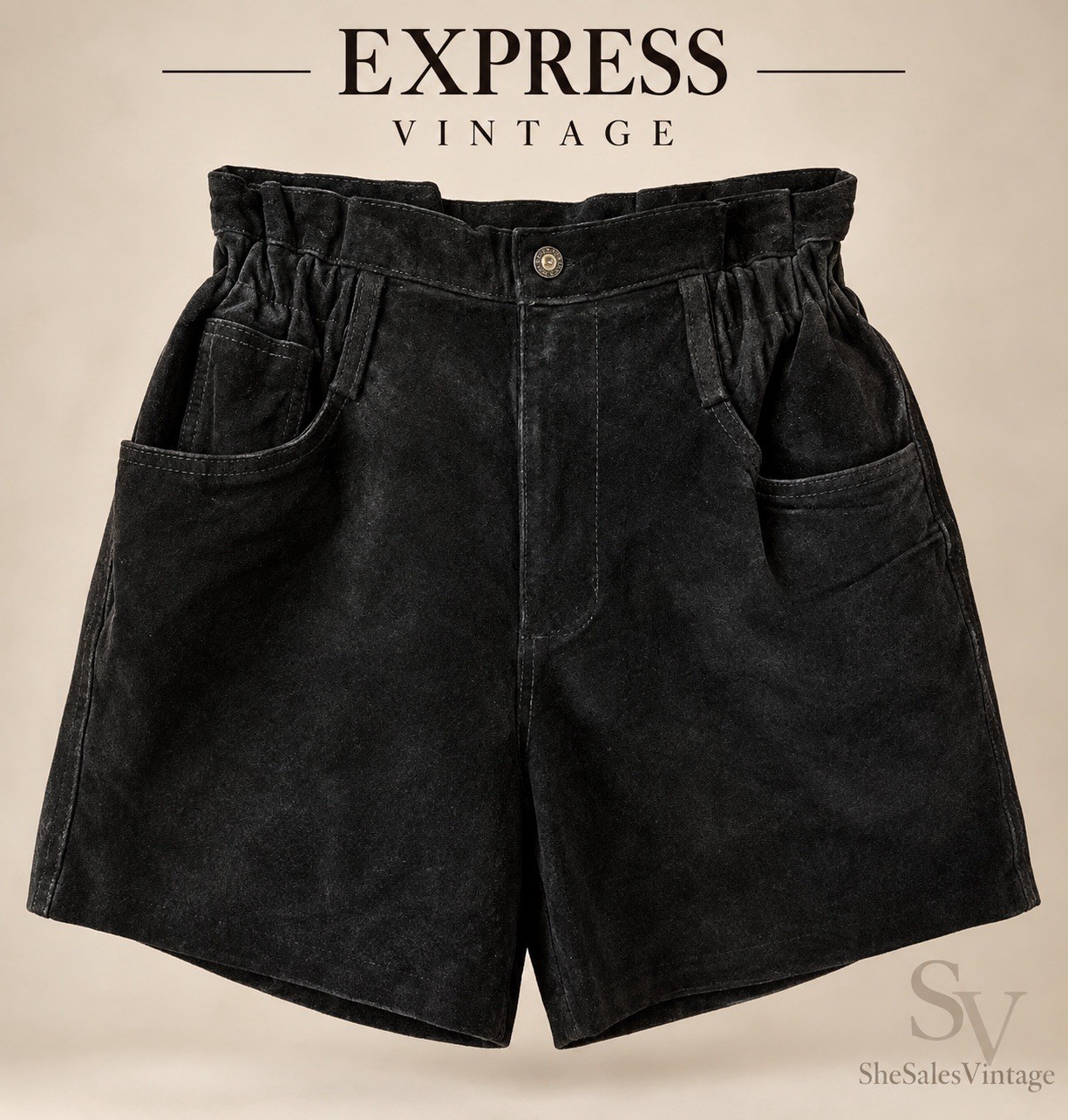 Vintage Express Compagnie Internationale Black Suede High Rise Shorts Size Small
