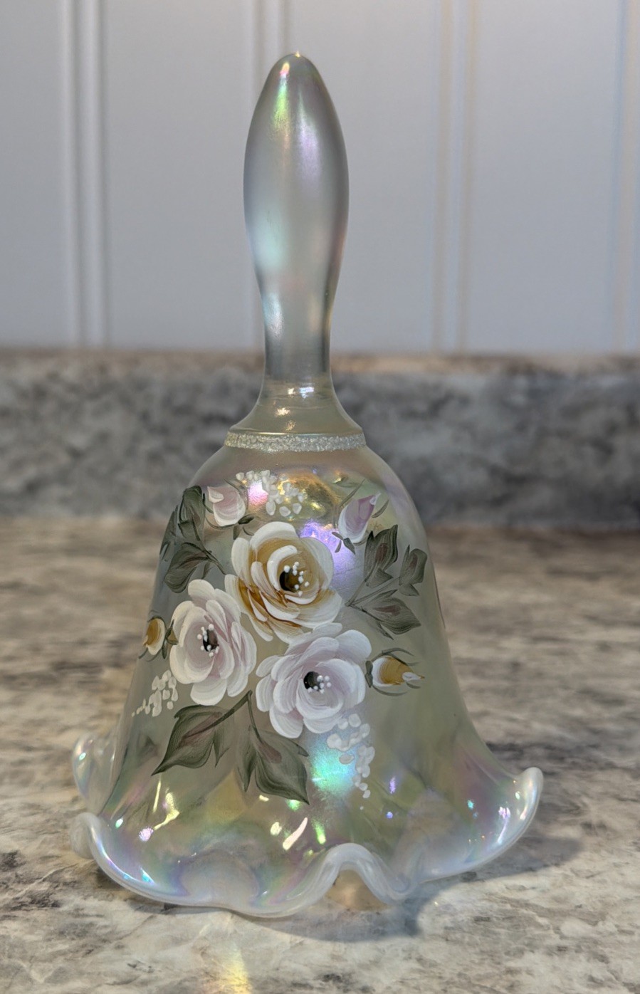 Fenton White Iridescent Ruffle Bell Floral Hand Painted Signed 95 Yrs Sticker Fenton White Iridescent Ruffle Bell Floral Hand Painted Signed 95 Yrs Sticker