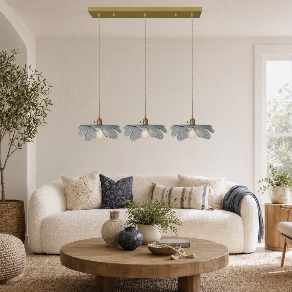 NEW Anthropologie 3-Light Blue Gold & Blue Glass Floral Light Fixture Chandelier
