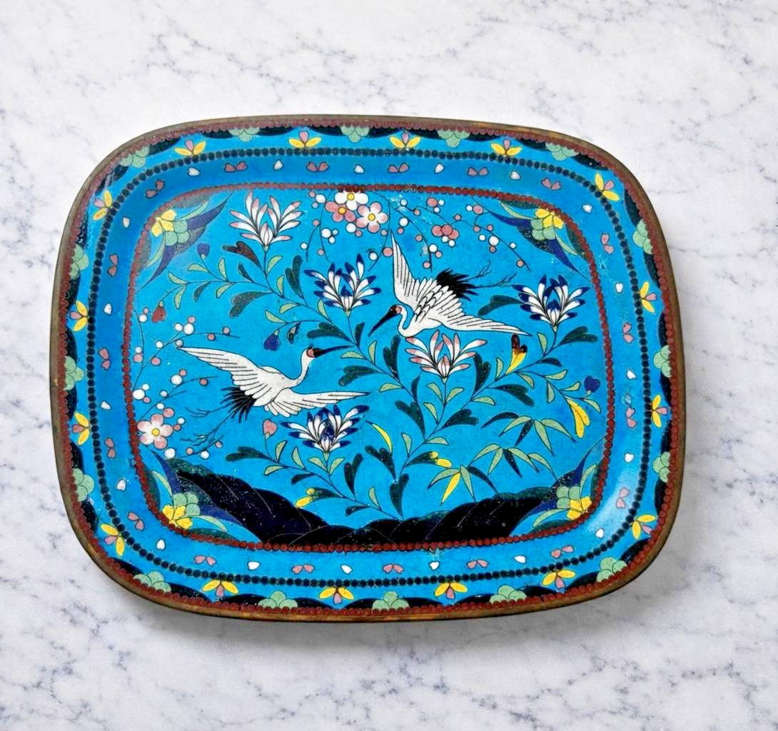Antique Japanese Meiji Cloisonne Enamel Brass Tray Flying Cranes Flowers 9\