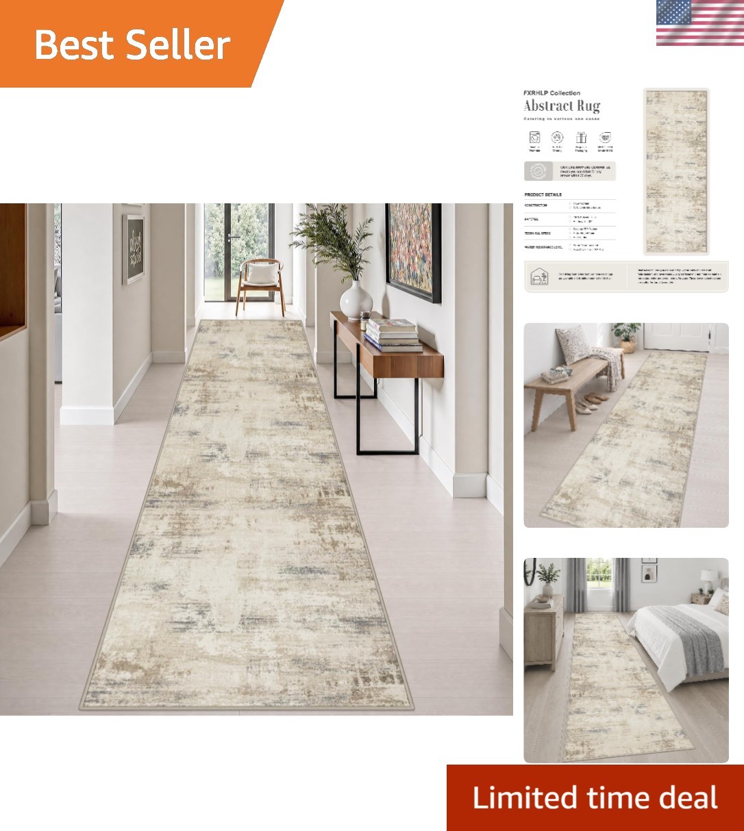 Elegant 3x14 Beige Brown Abstract Rug - Stain-Resistant & Machine Washable