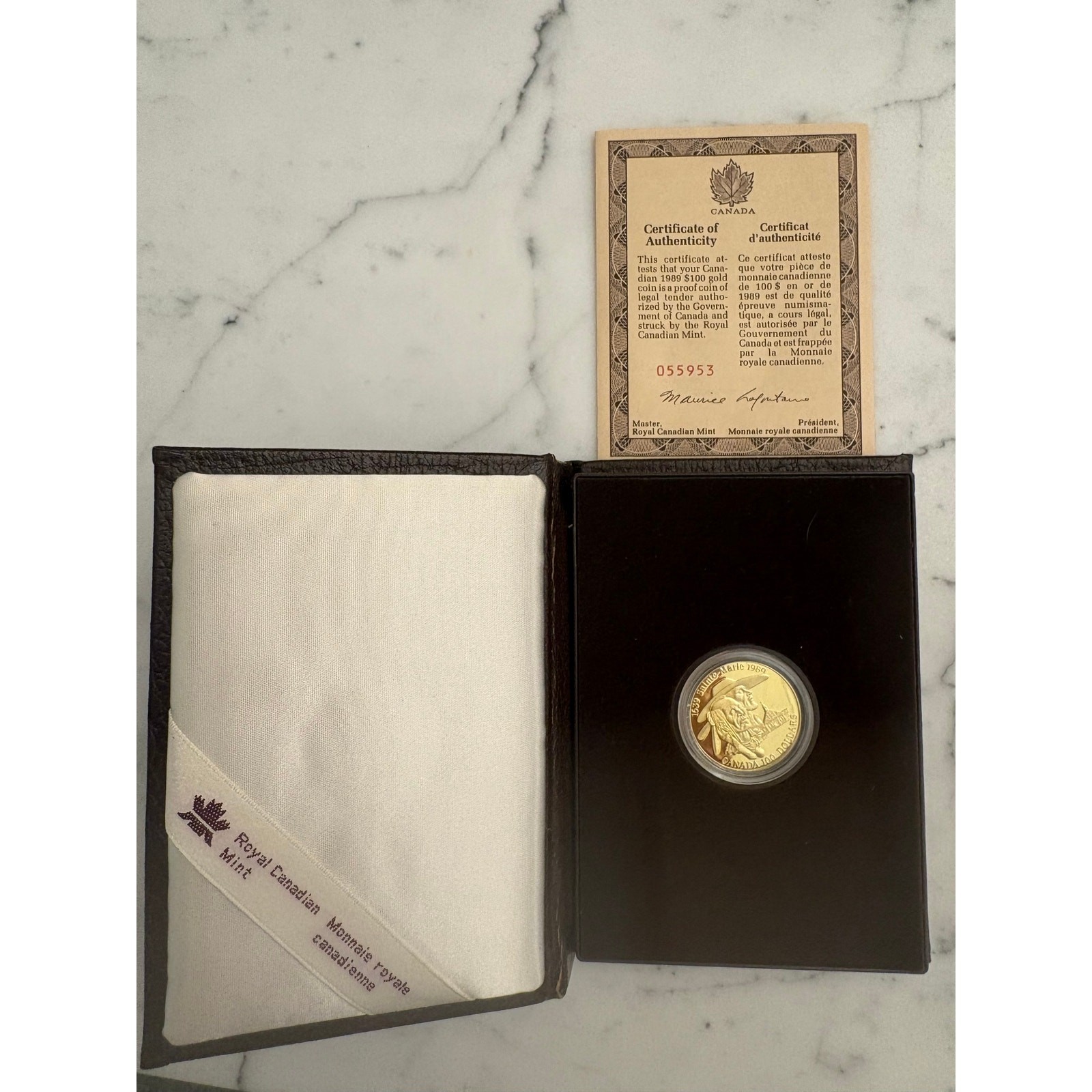 1989 Royal Canadian Mint Uncirculated Proof $100 Gold Coin COA OGP 1/4 Troy oz