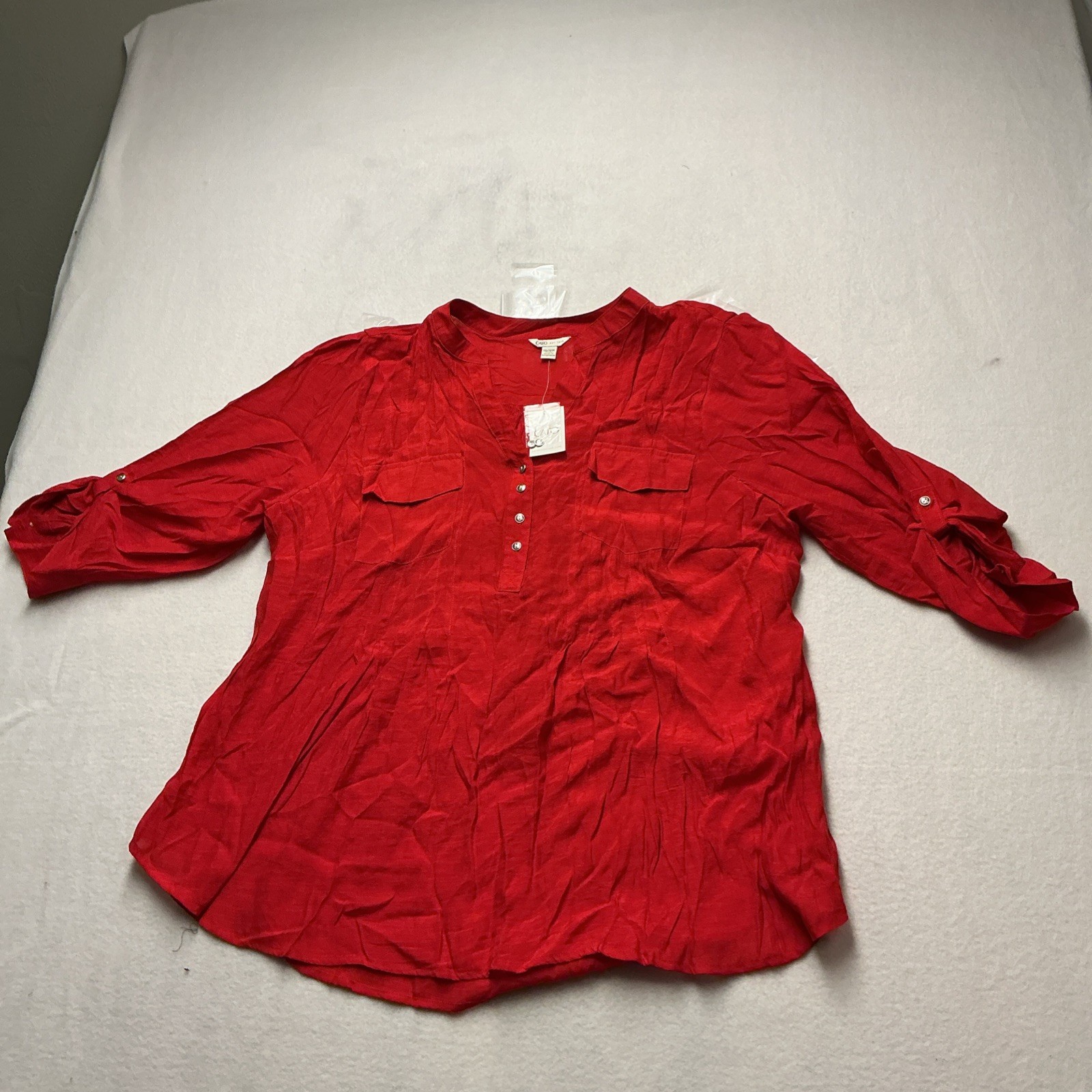 Cato Women\'s Red Cotton Tunic Blouse 3/4 Roll Tab Sleeves Size 18- 20W, 4179 Cato Women\'s Red Cotton Tunic Blouse 3/4 Roll Tab Sleeves Size 18- 20W, 4179