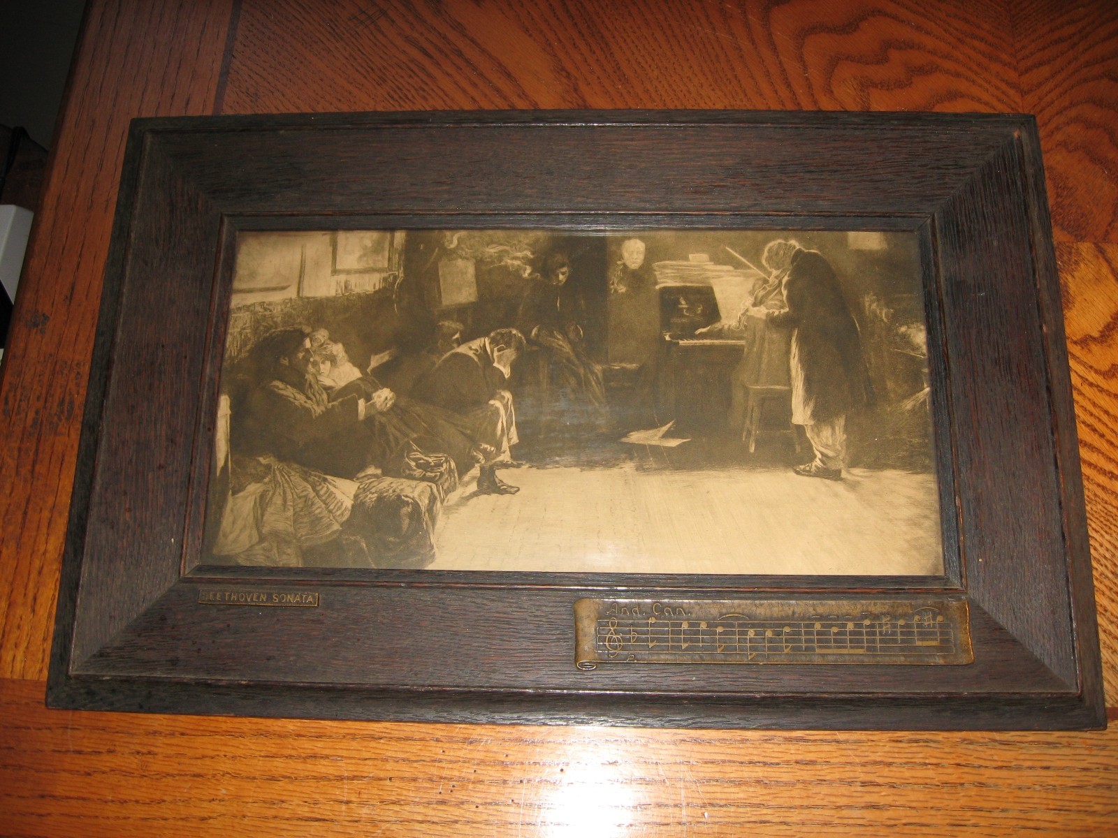 Antique Circa 1920s Beethoven Sonata Art Print In Arts & Crafts Oak Frame Antique Circa 1920s Beethoven Sonata Art Print In Arts & Crafts Oak Frame