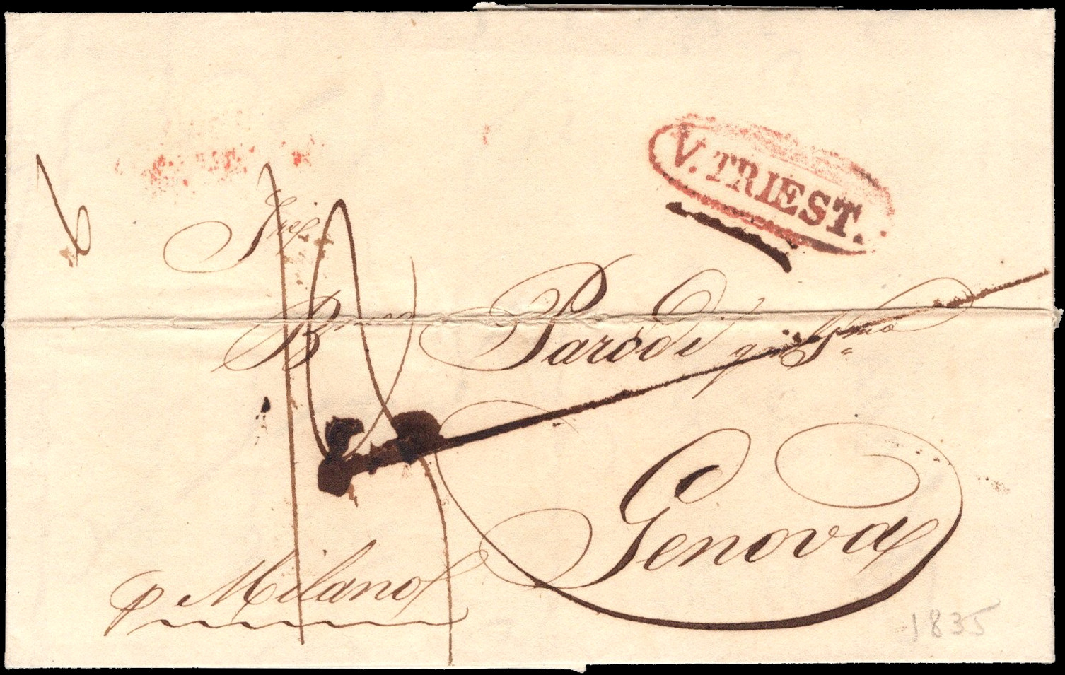 Italy-1835-Cover-Stampless cover from Trieste to Genoa