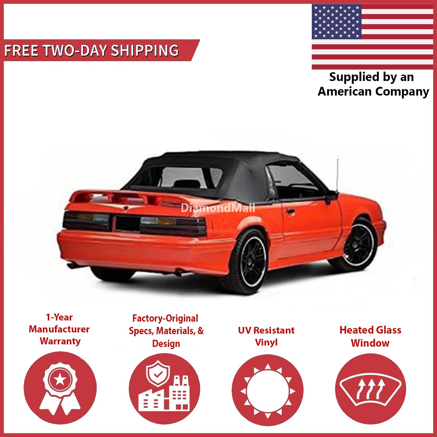 1983-90 Ford Mustang Convertible Soft Top w/ DOT Approved Glass Window, Black 1983-90 Ford Mustang Convertible Soft Top w/ DOT Approved Glass Window, Black