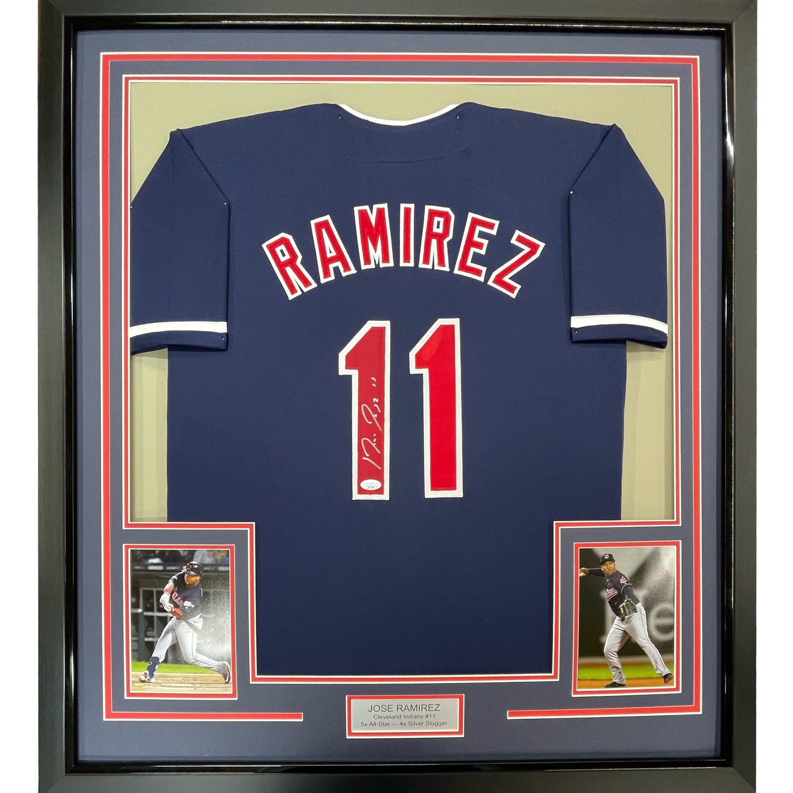 FRAMED Autographed/Signed JOSE RAMIREZ 35x39 Cleveland Blue Jersey BAS COA