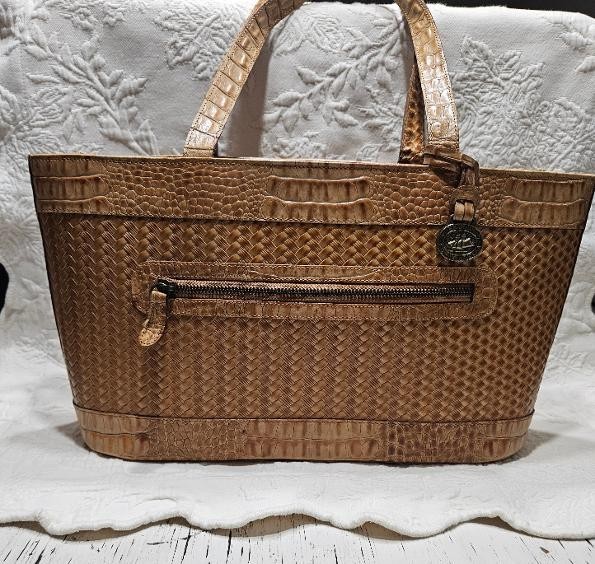 Vintage Brahmin Woven Leather Tote Bag - Honey Tan Croc Trim - Excellent Cond.