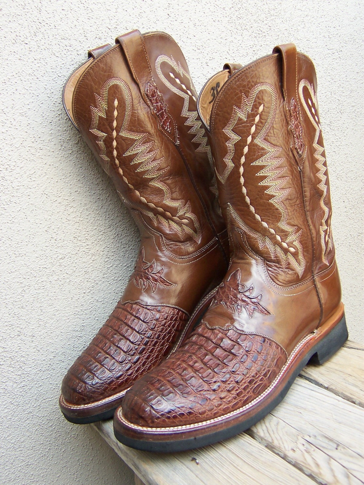 LUCCHESE Mens Cowboy Western Boots Brown Caiman Belly Round Toe Ropers Size 11D